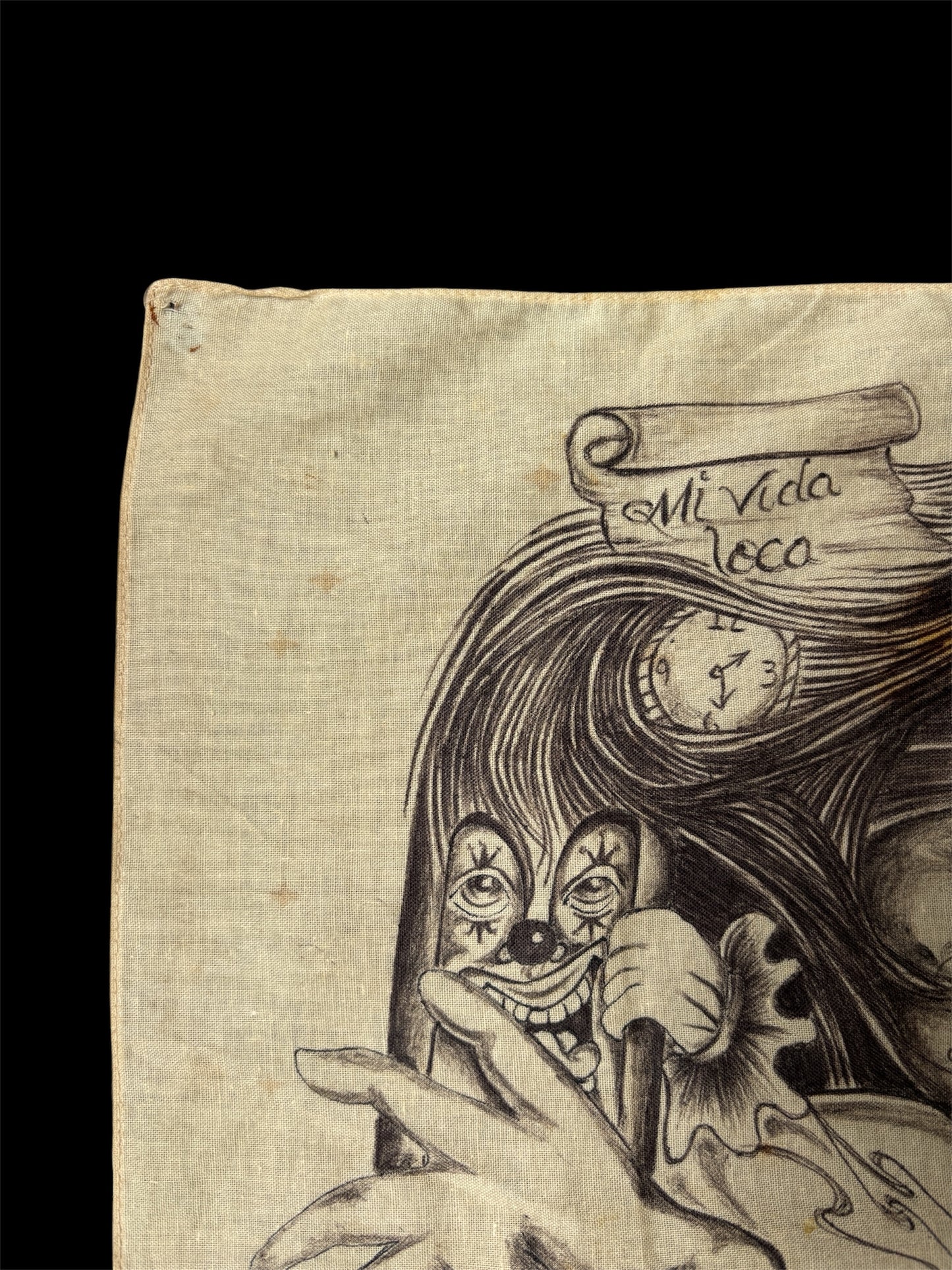 Chicano Prison Art Hand Drawn Ink On Cotton Handkerchief