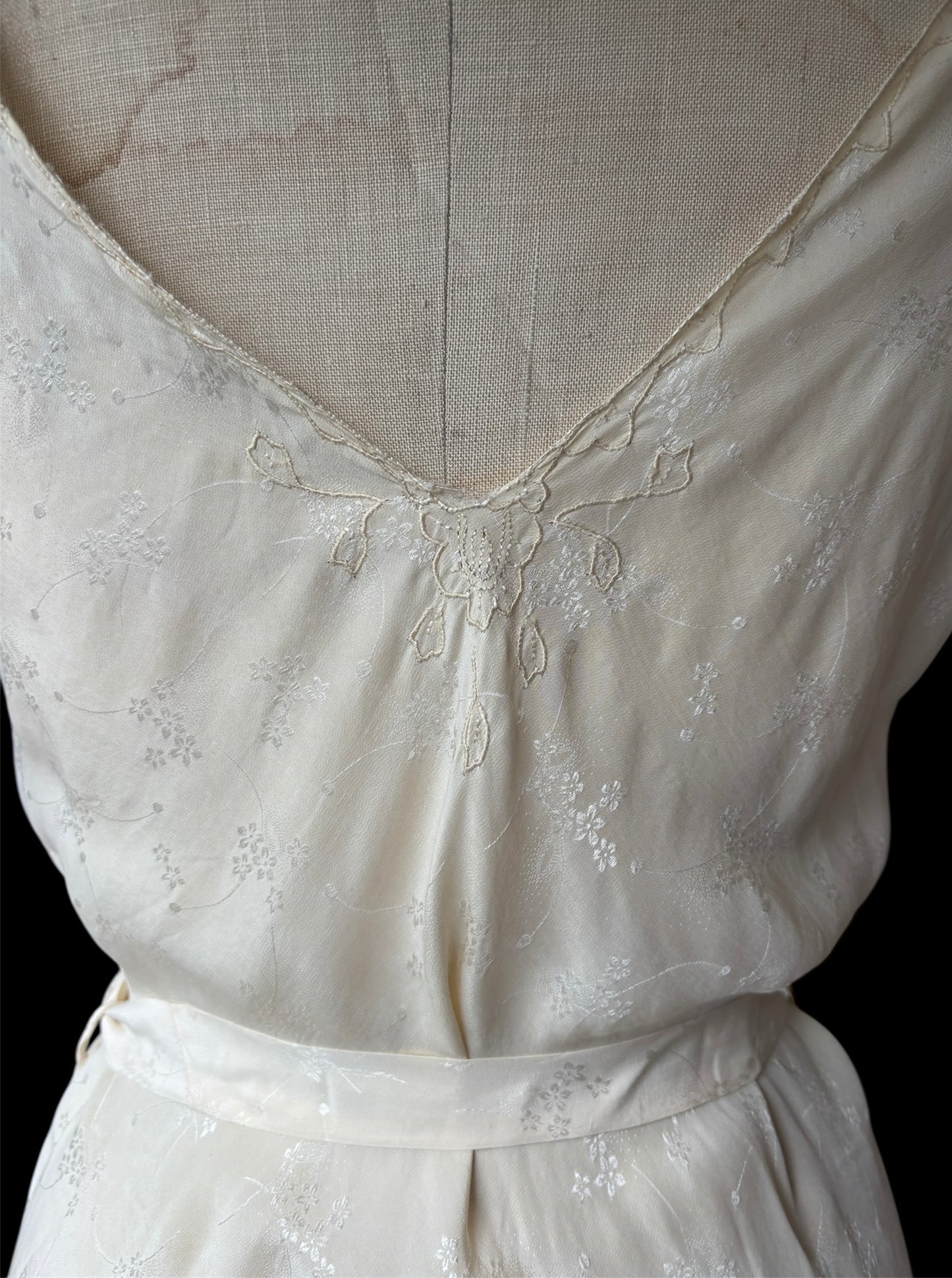 1930s cream bias cut damask & cutwork slip dress