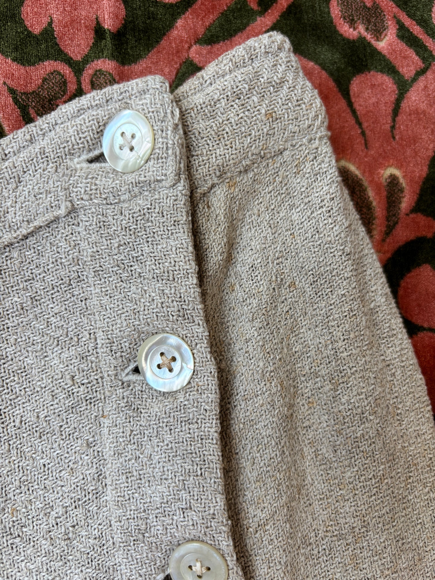 1930s primitive fall front woven flax trousers