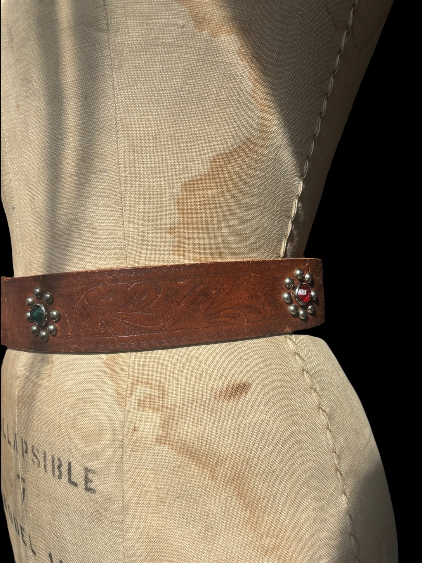 1950s studded & jeweled tooled leather belt