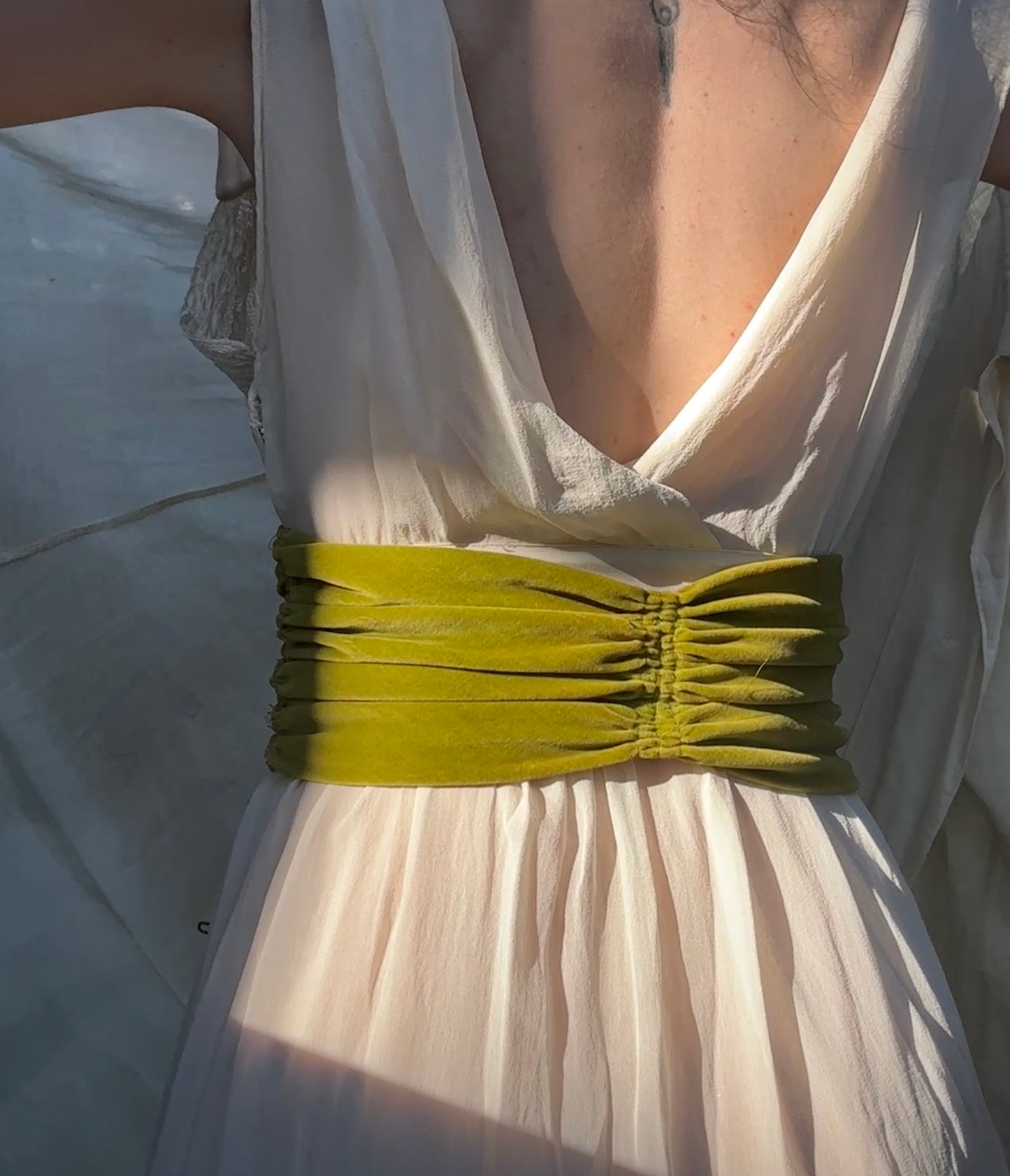 1930s olive green velvet deadstock waist belt