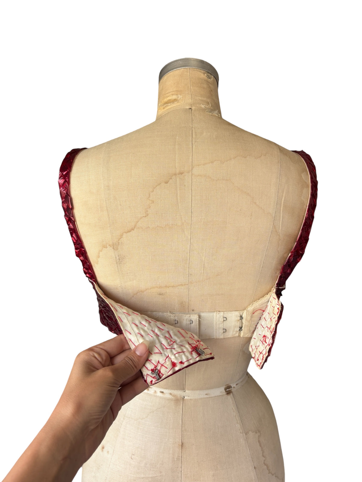 1940 red cellophane showgirl costume owned by drag performer Li-Kar