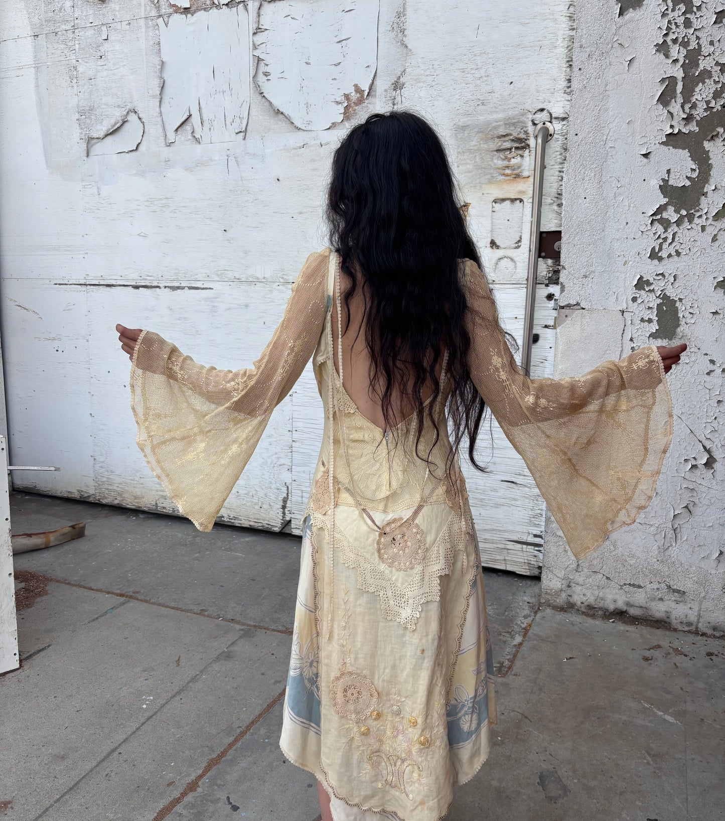 Late 1960s renaissance revival dress made of antique textiles