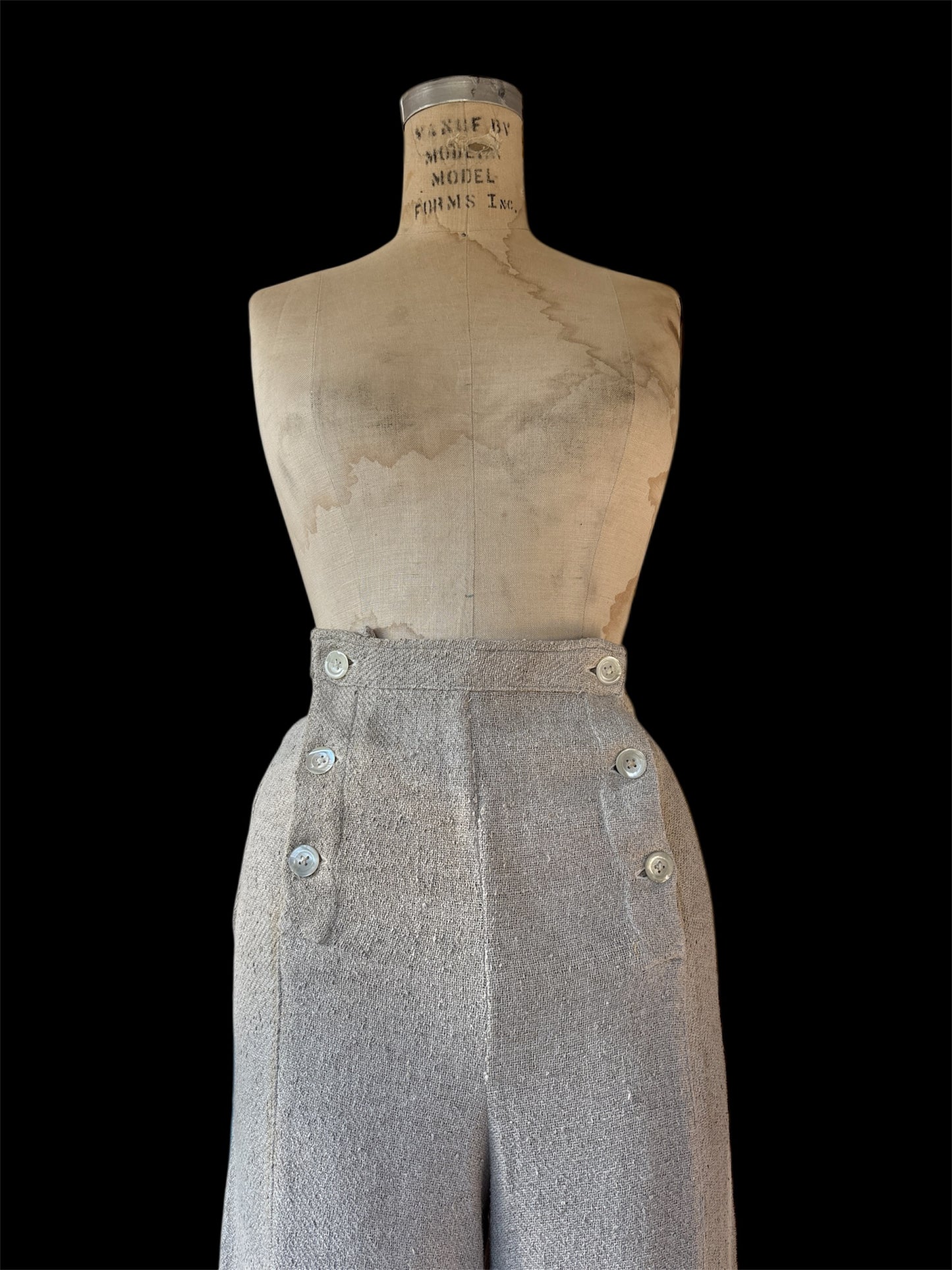 1930s primitive fall front woven flax trousers