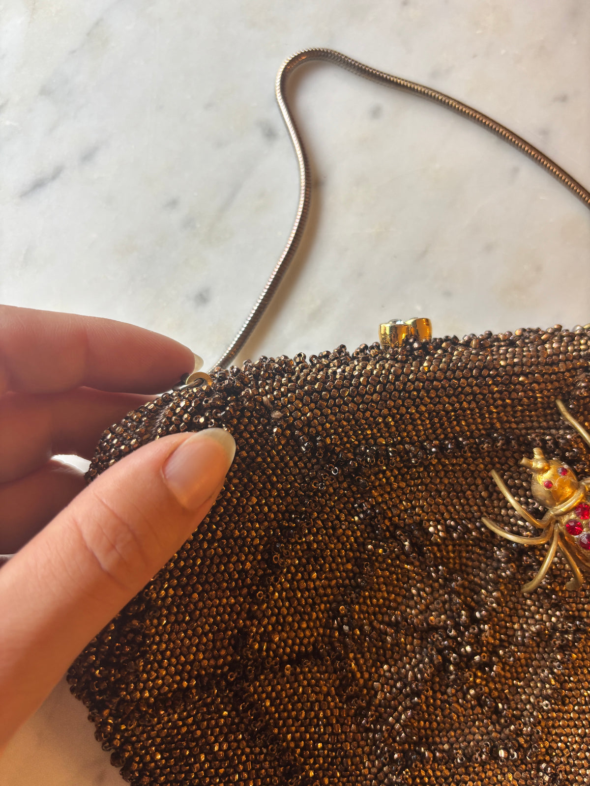 1950s Rare Spiderweb Beaded Purse with Rhinestone Spider