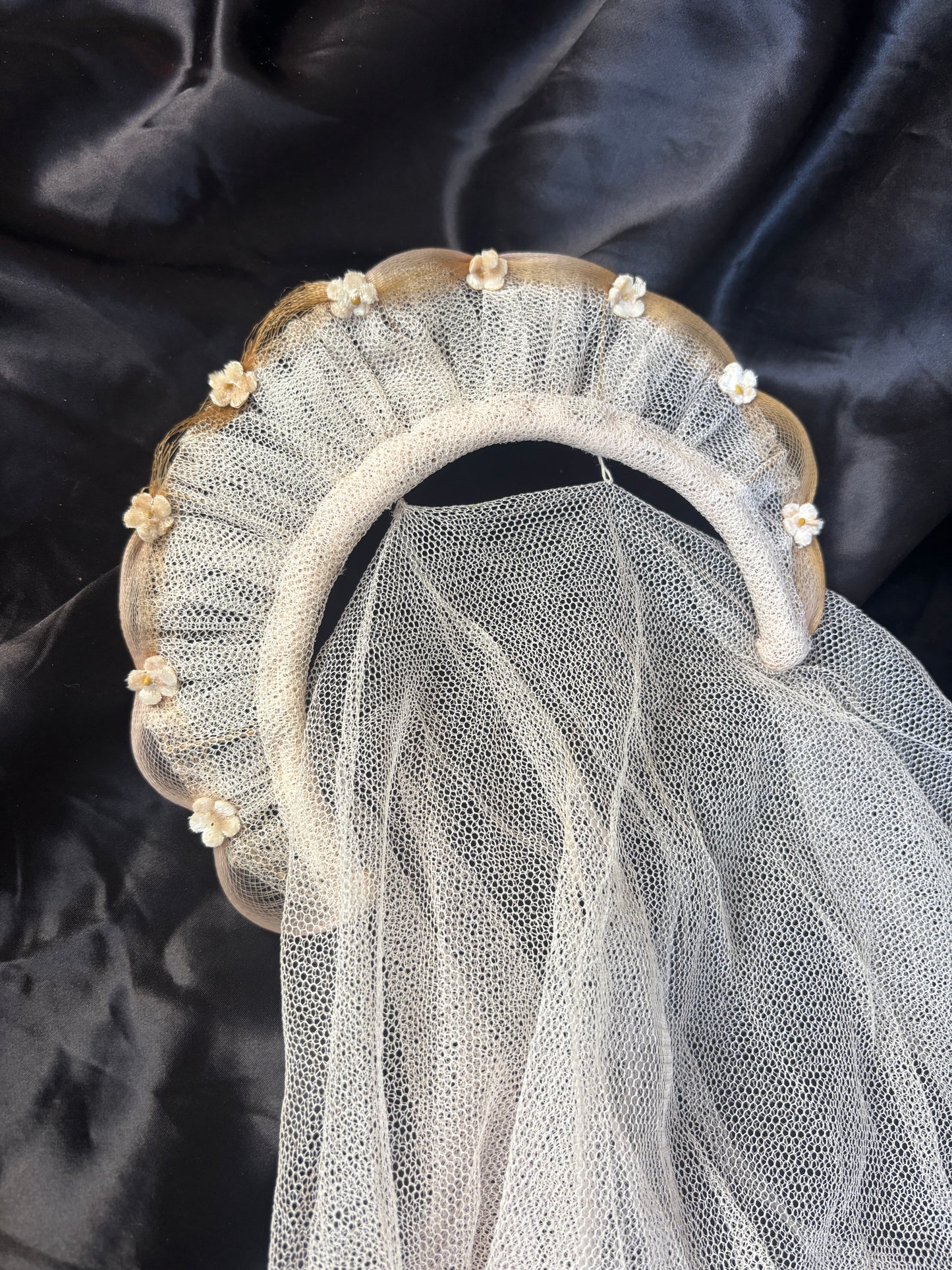 1940s veiled bridal halo crown with velvet orange blossoms