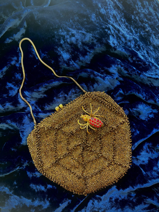 1950s Rare Spiderweb Beaded Purse with Rhinestone Spider