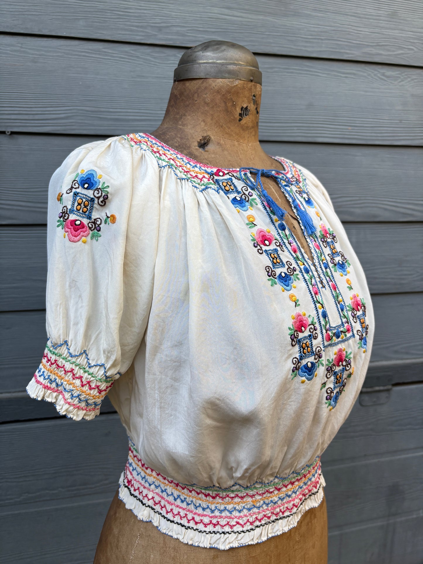 1930s silk embroidered Hungarian peasant blouse