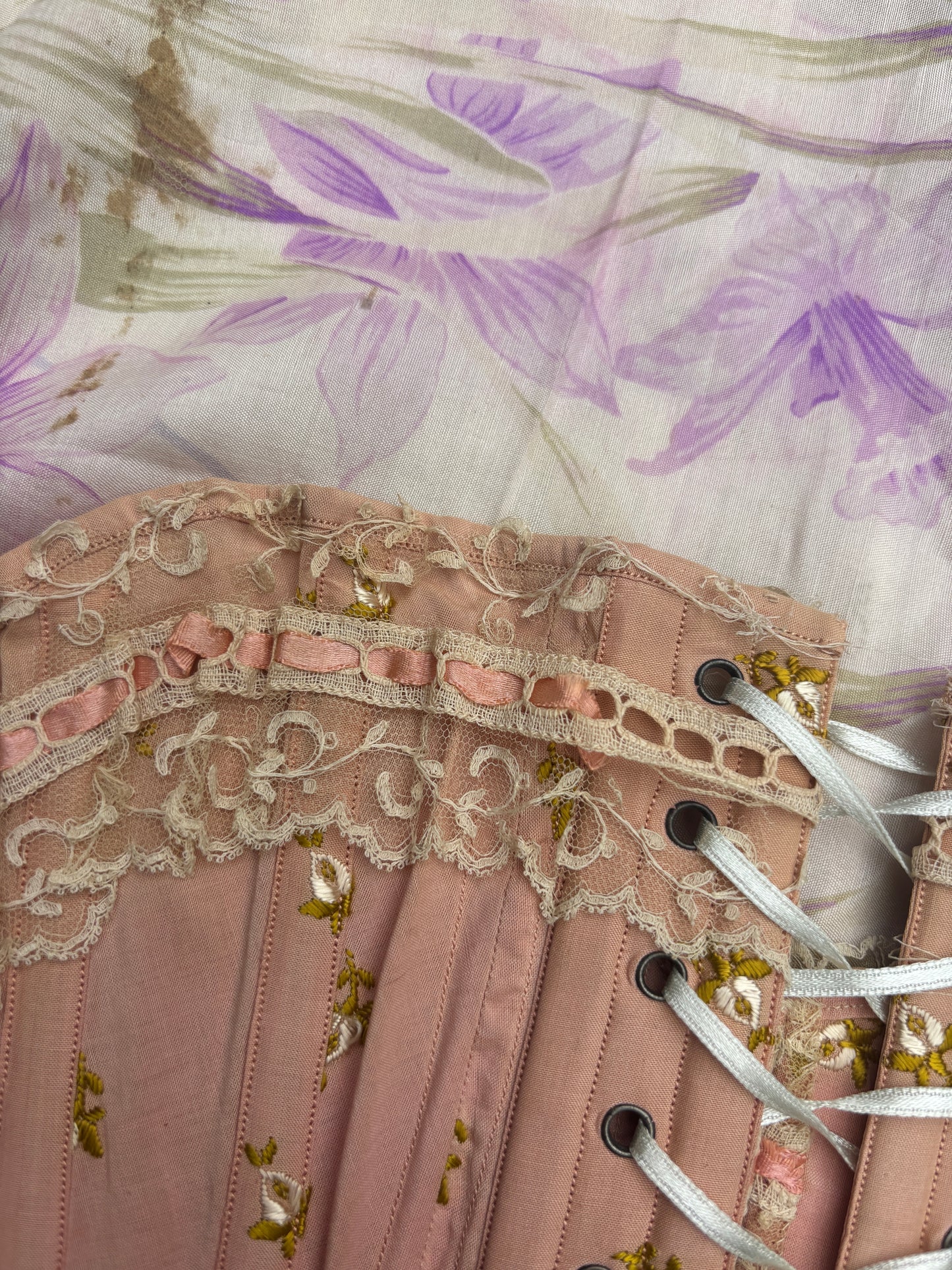 Late Victorian era embroidered whale boned corset