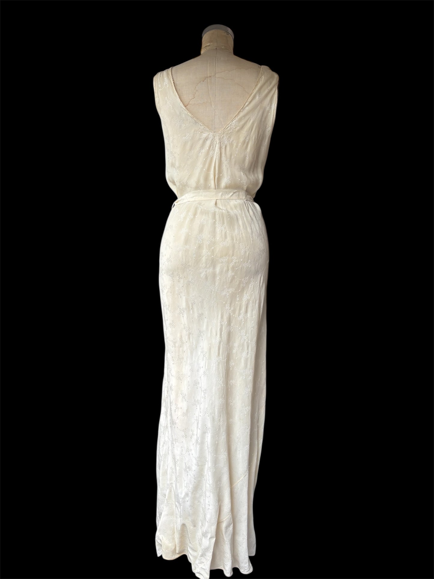 1930s cream bias cut damask & cutwork slip dress