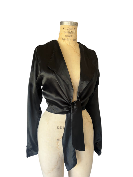 1930s deco satin tie-front top with pointed sleeves
