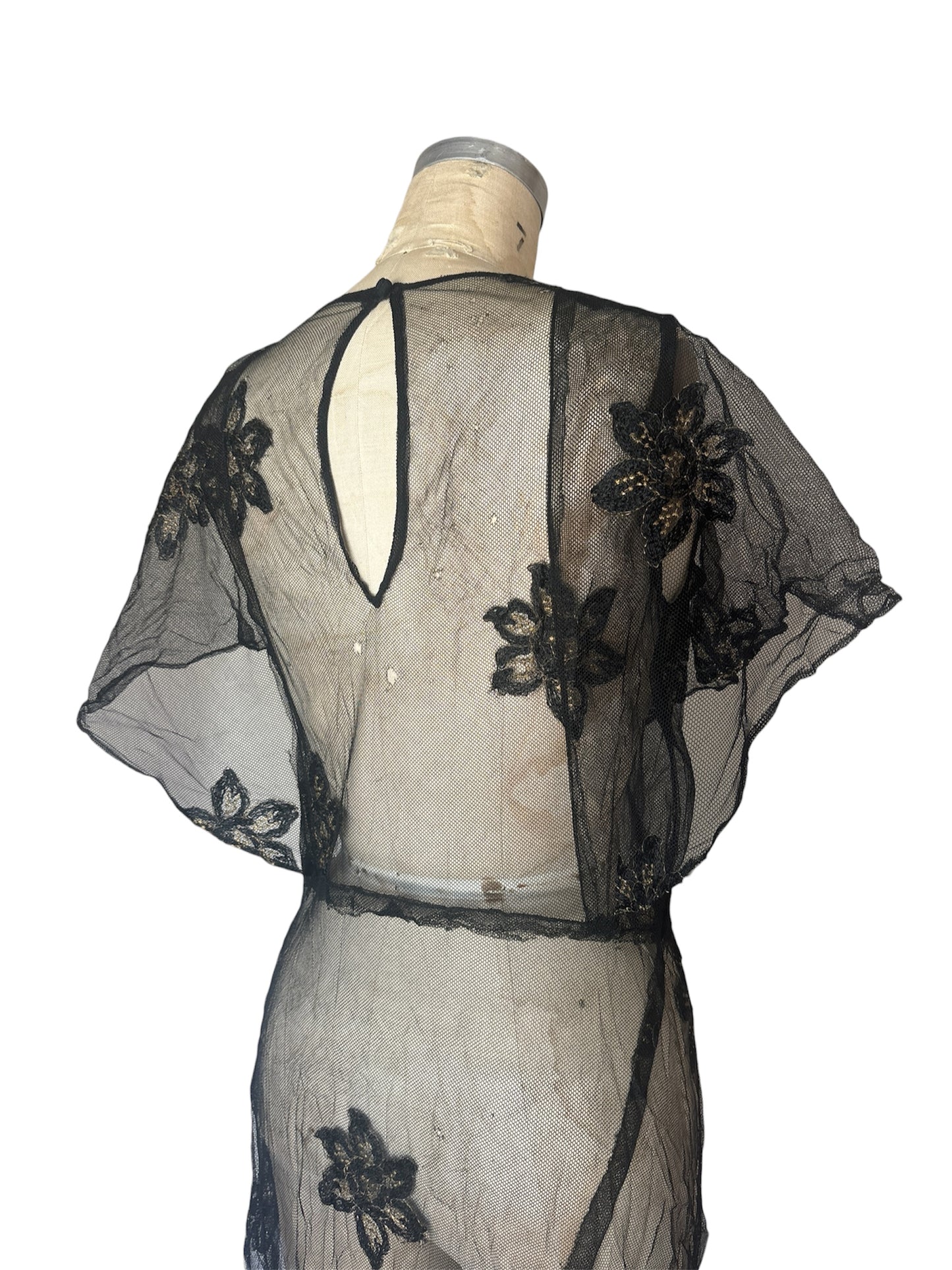 1930s embroidered net gown with velvet rose appliqué