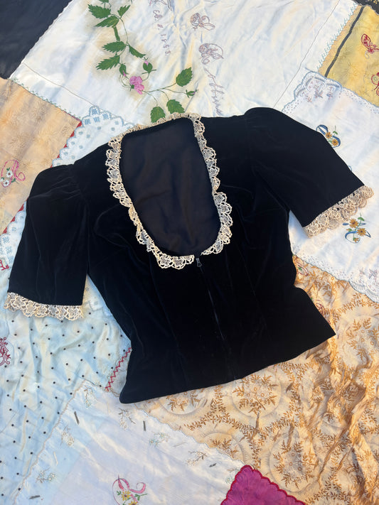 1930s velvet zip up puff sleeve blouse