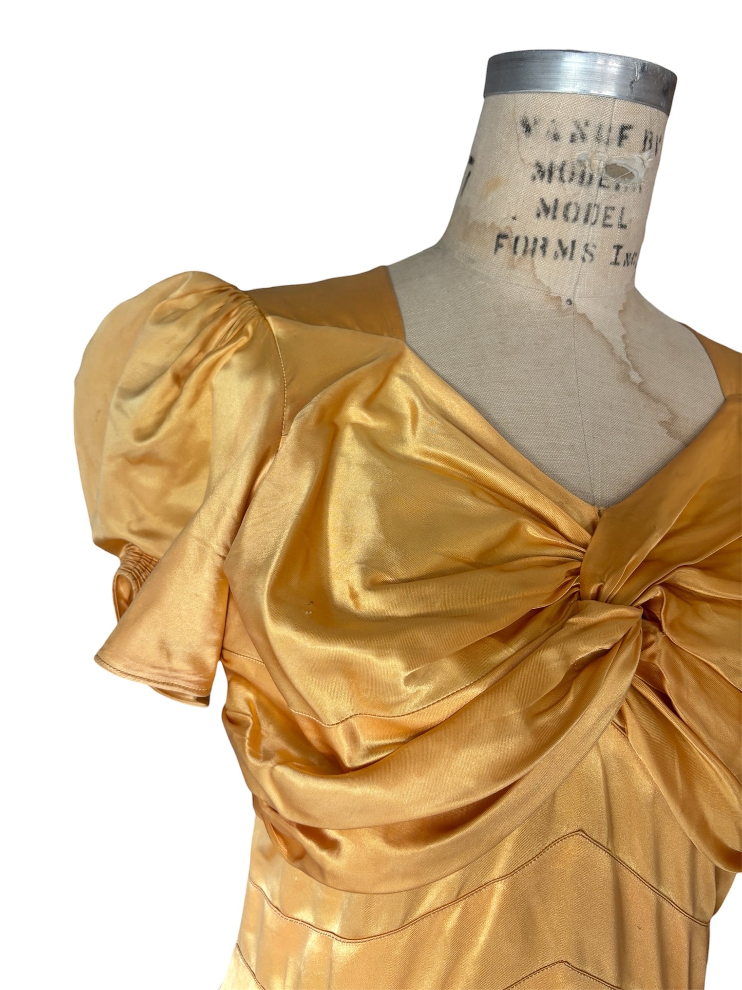 1940s puff sleeve liquid gold evening gown