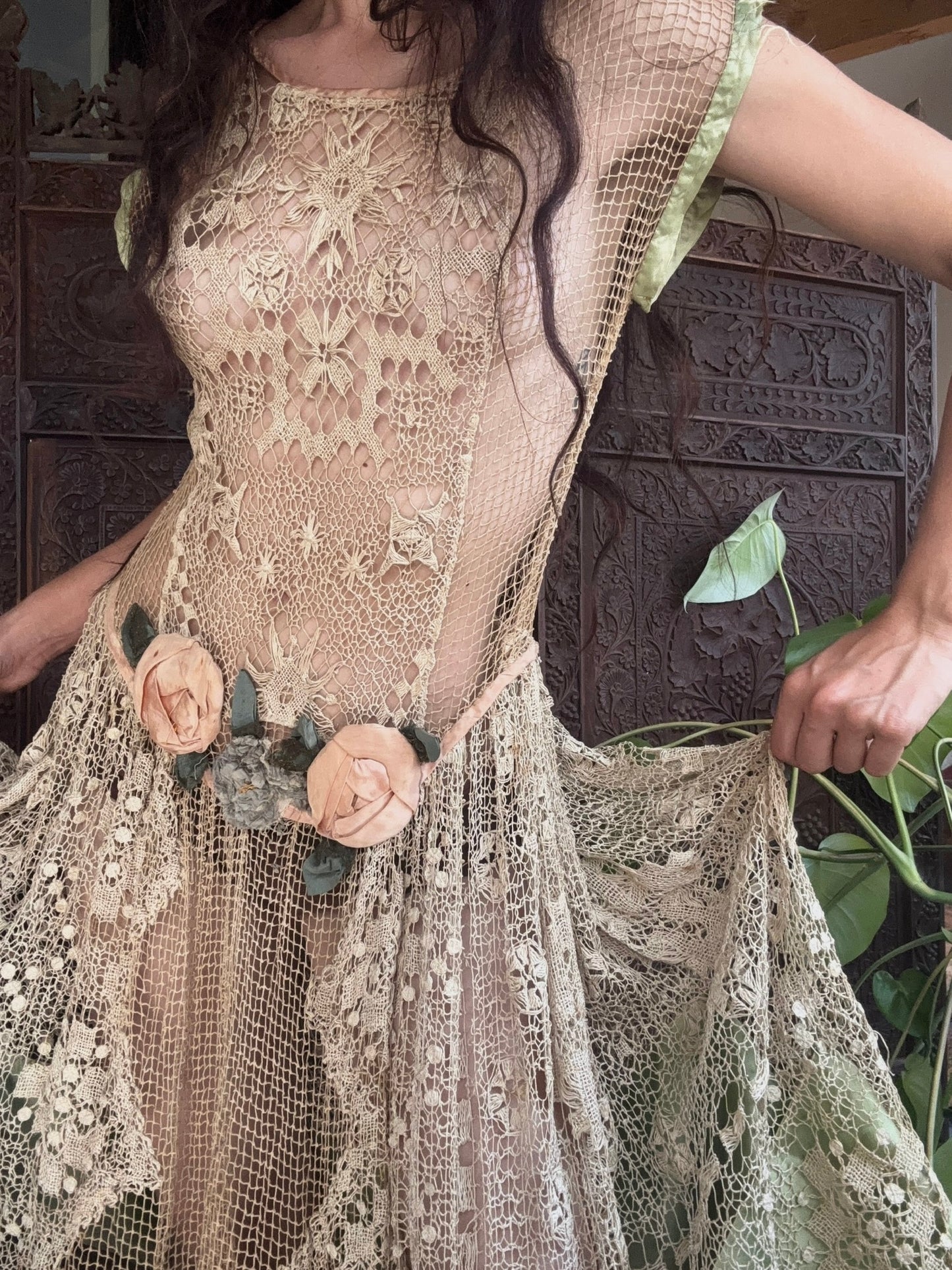 1920s spiderweb crochet net gown with rosettes