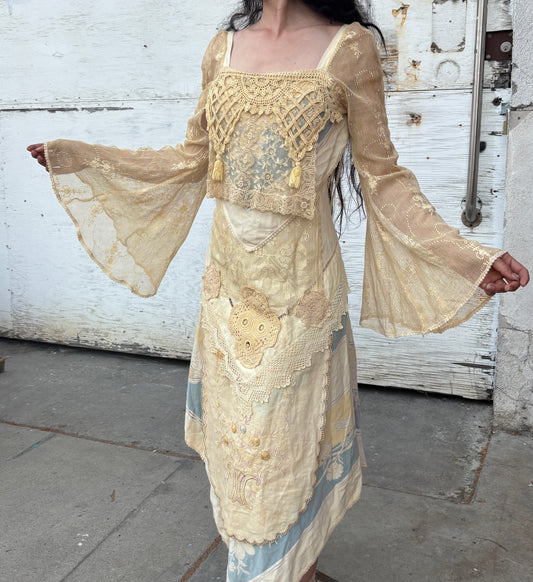 Late 1960s renaissance revival dress made of antique textiles
