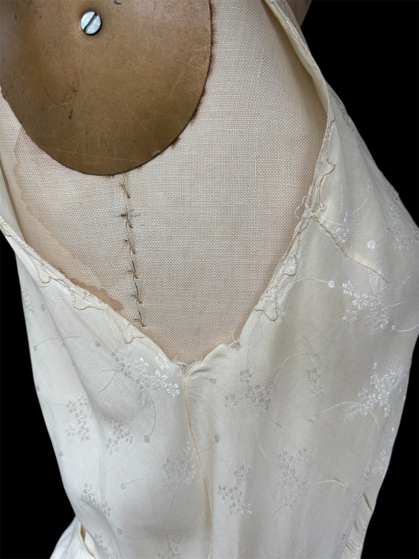 1930s cream bias cut damask & cutwork slip dress