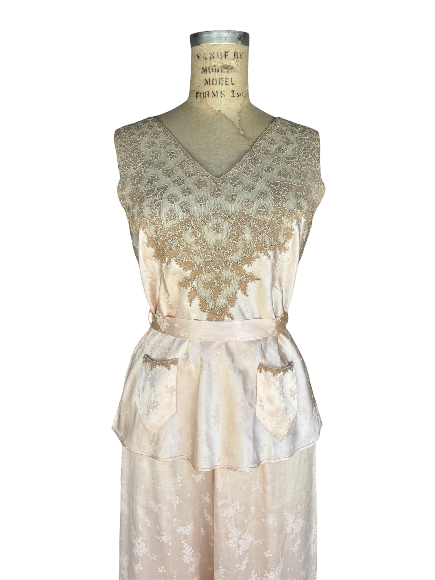 1930s silk jacquard blush pink 3 pc loungewear ensemble