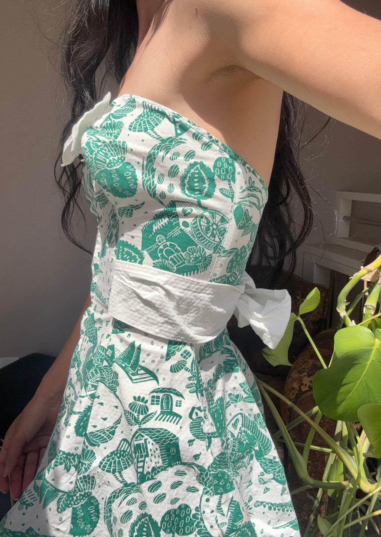 1950s novelty island print boned bustier top/micro mini