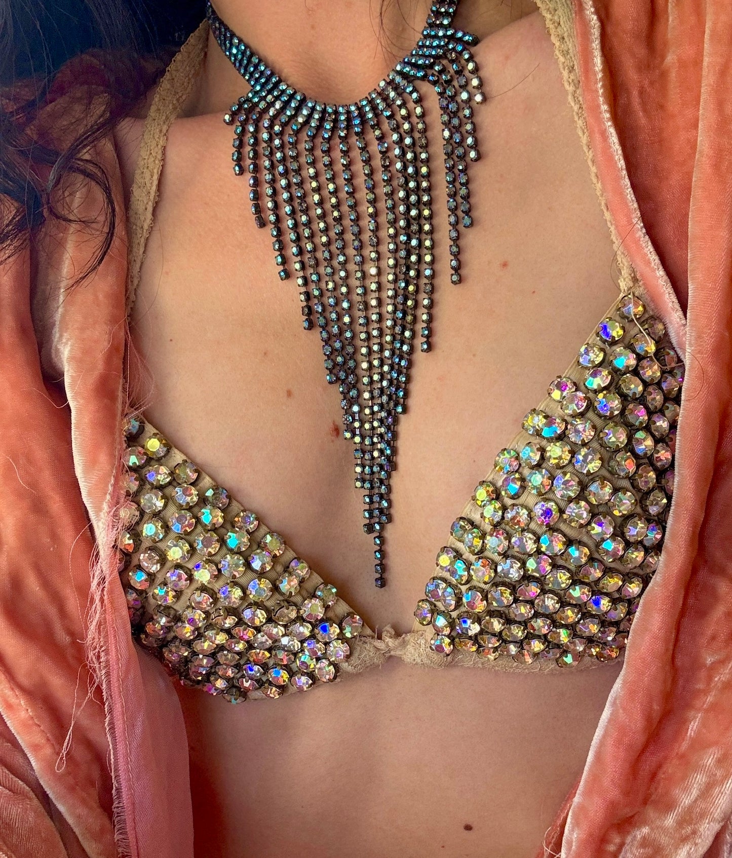1960s aurora borealis rhinestone waterfall choker