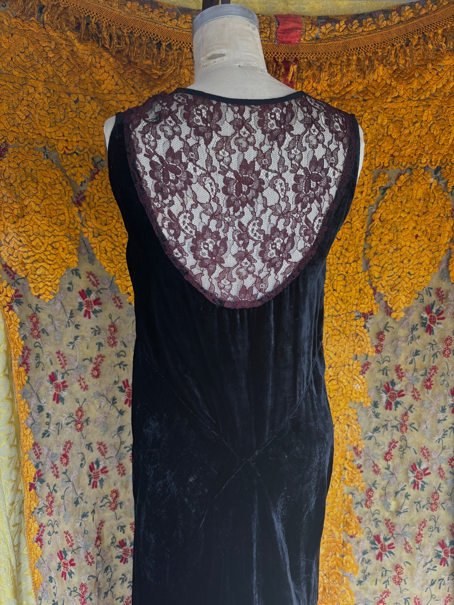 1930s gothic velvet deco gown with lace collar
