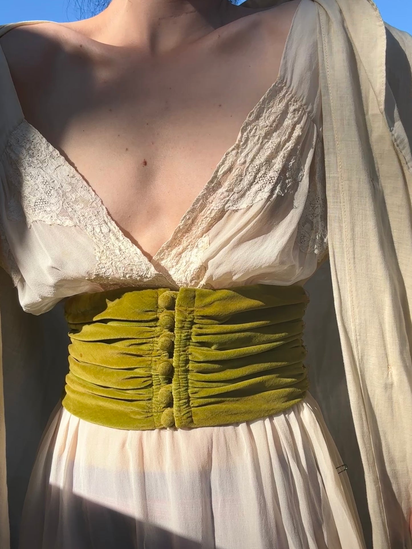 1930s olive green velvet deadstock waist belt