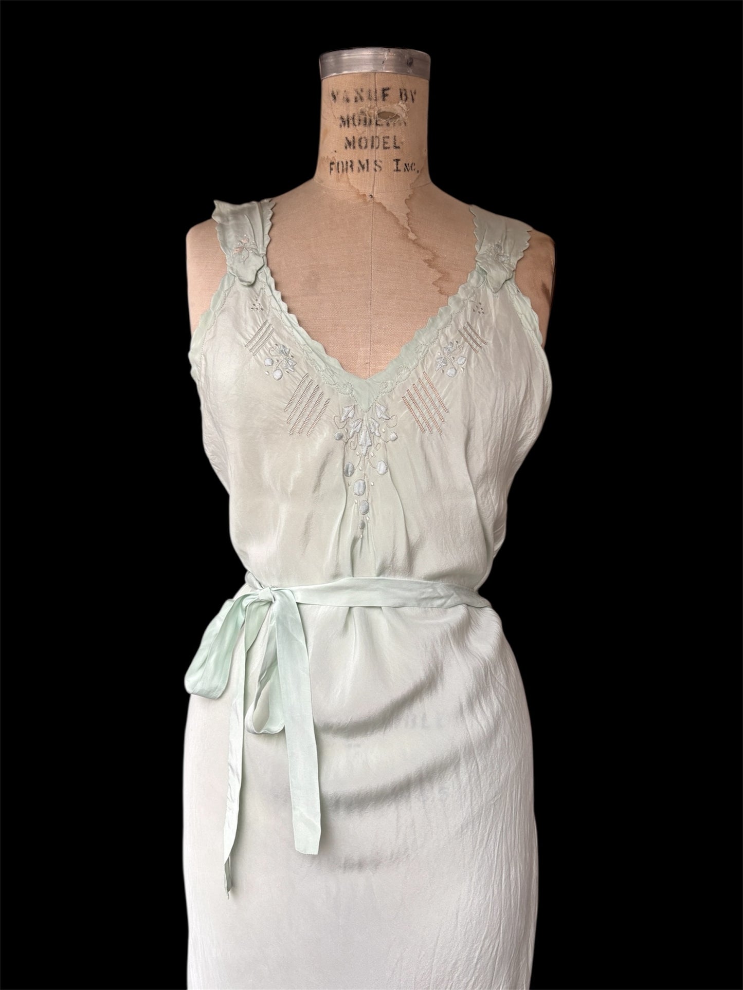 1930s seafoam appliquéd & scalloped slip dress