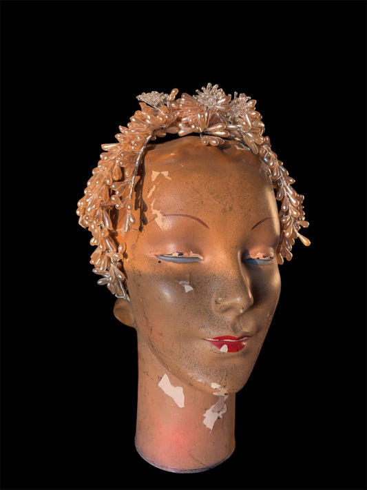 1930s wax bridal crown with handblown glass flowers