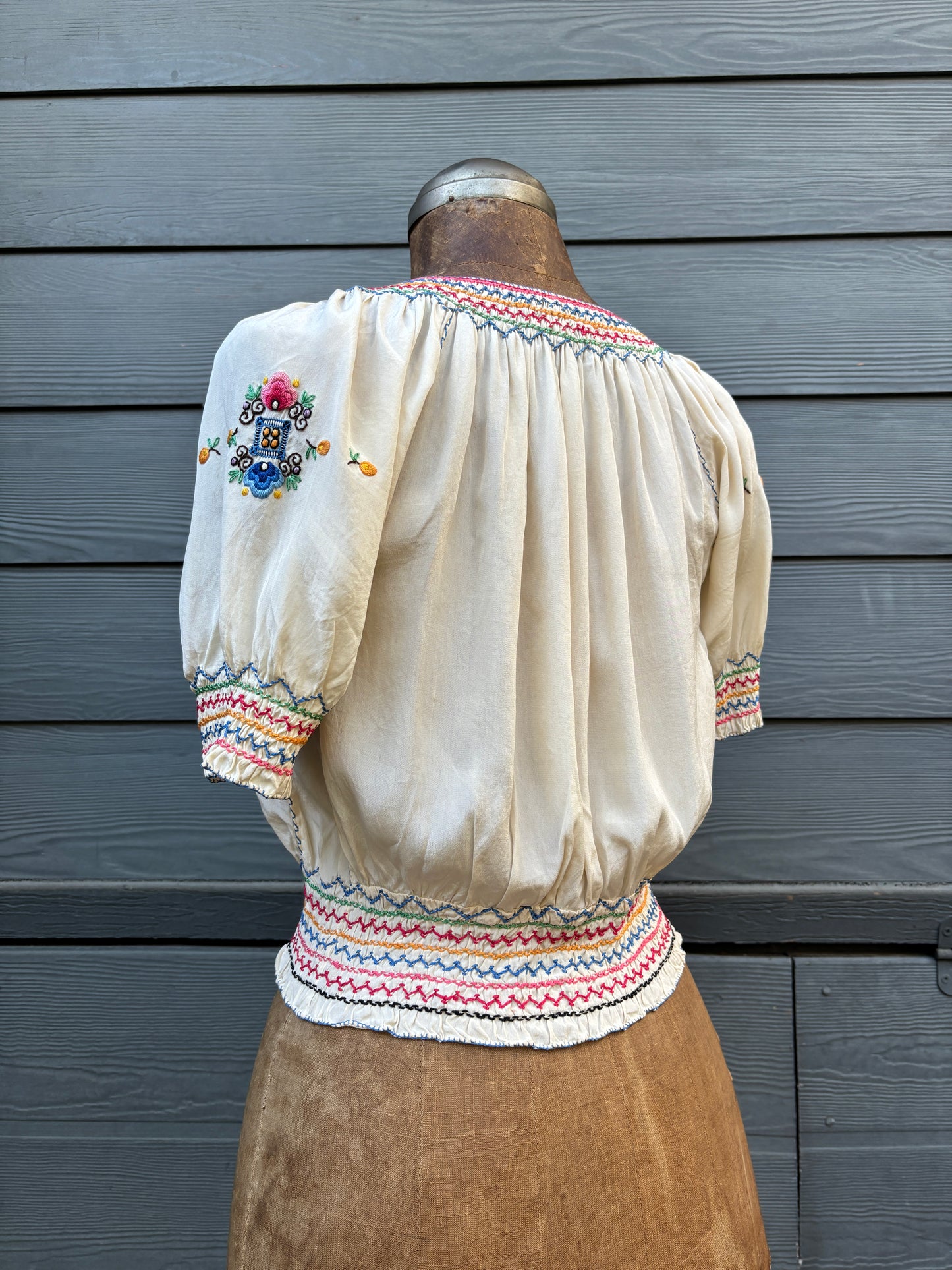 1930s silk embroidered Hungarian peasant blouse