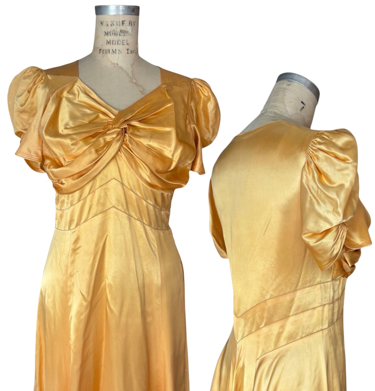 1940s puff sleeve liquid gold evening gown