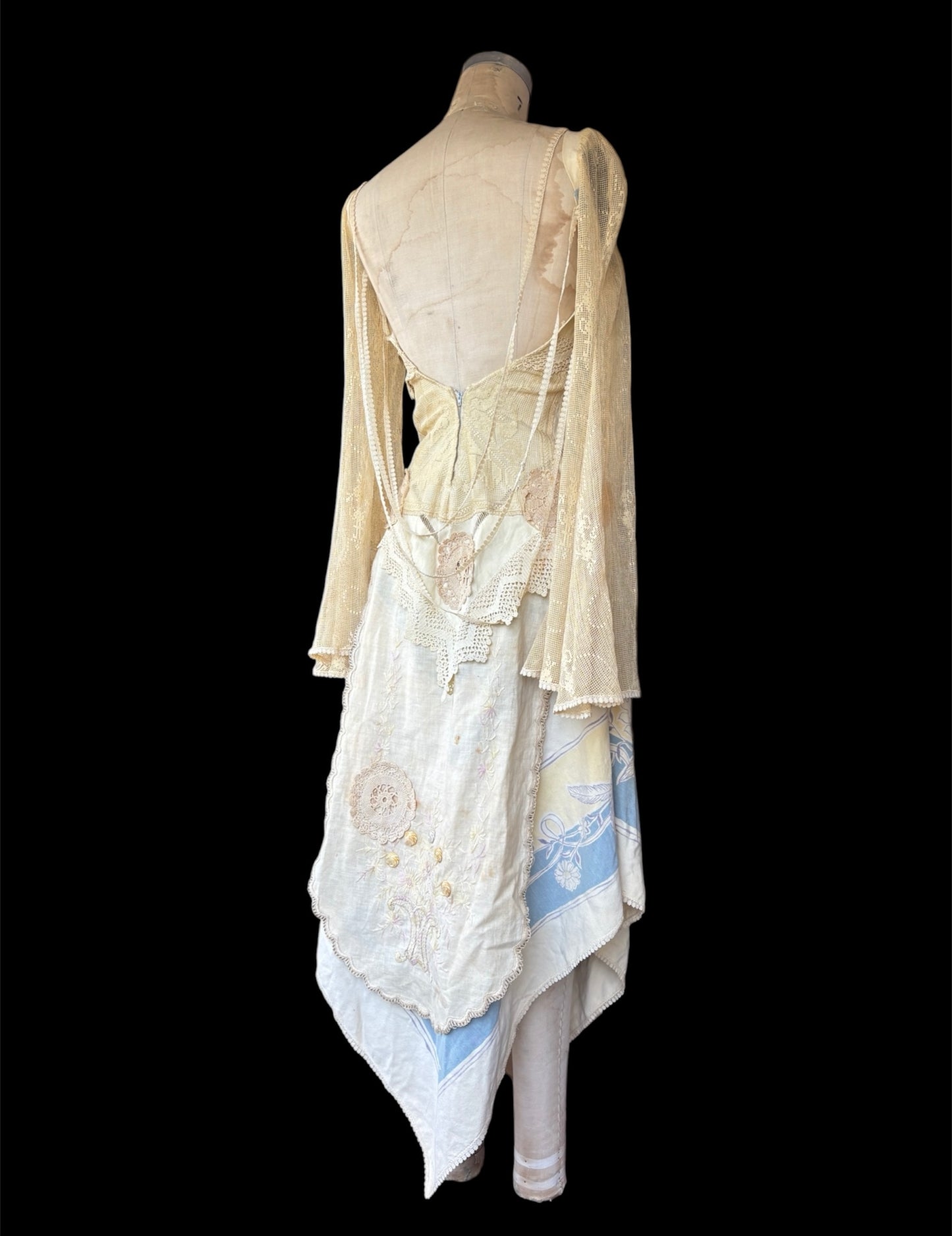 Late 1960s renaissance revival dress made of antique textiles