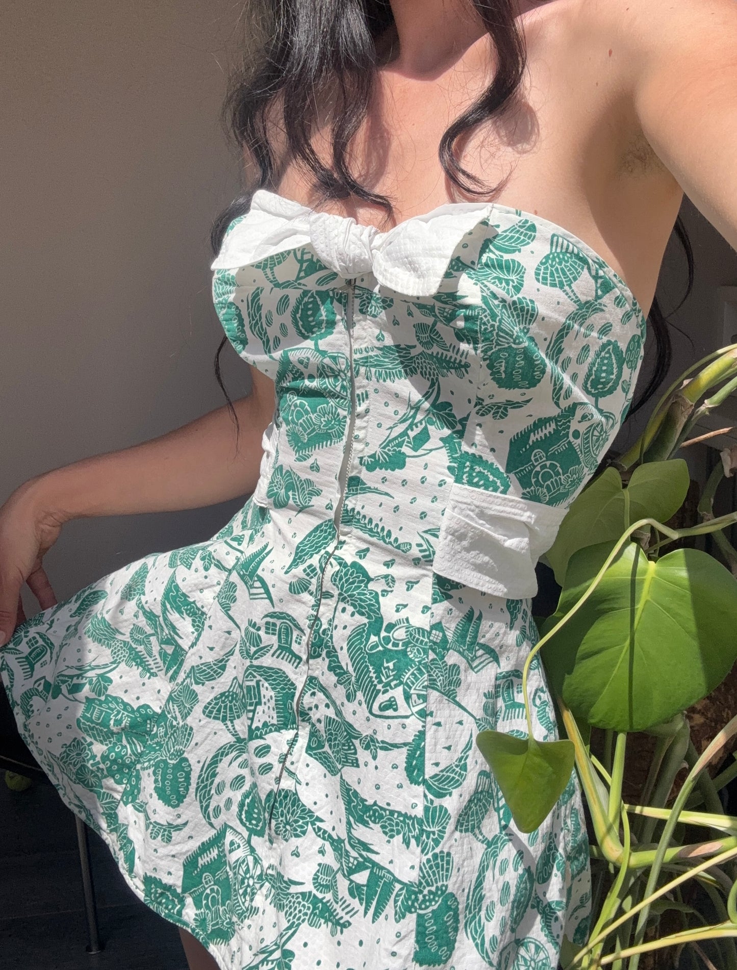 1950s novelty island print boned bustier top/micro mini