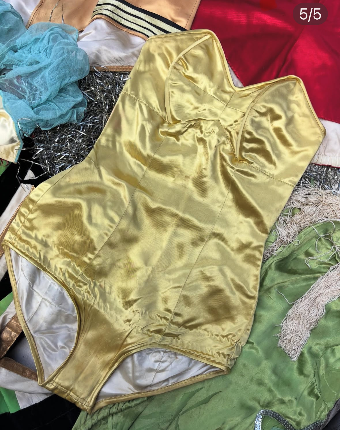 1940s/50s yellow satin one-piece showgirl costume