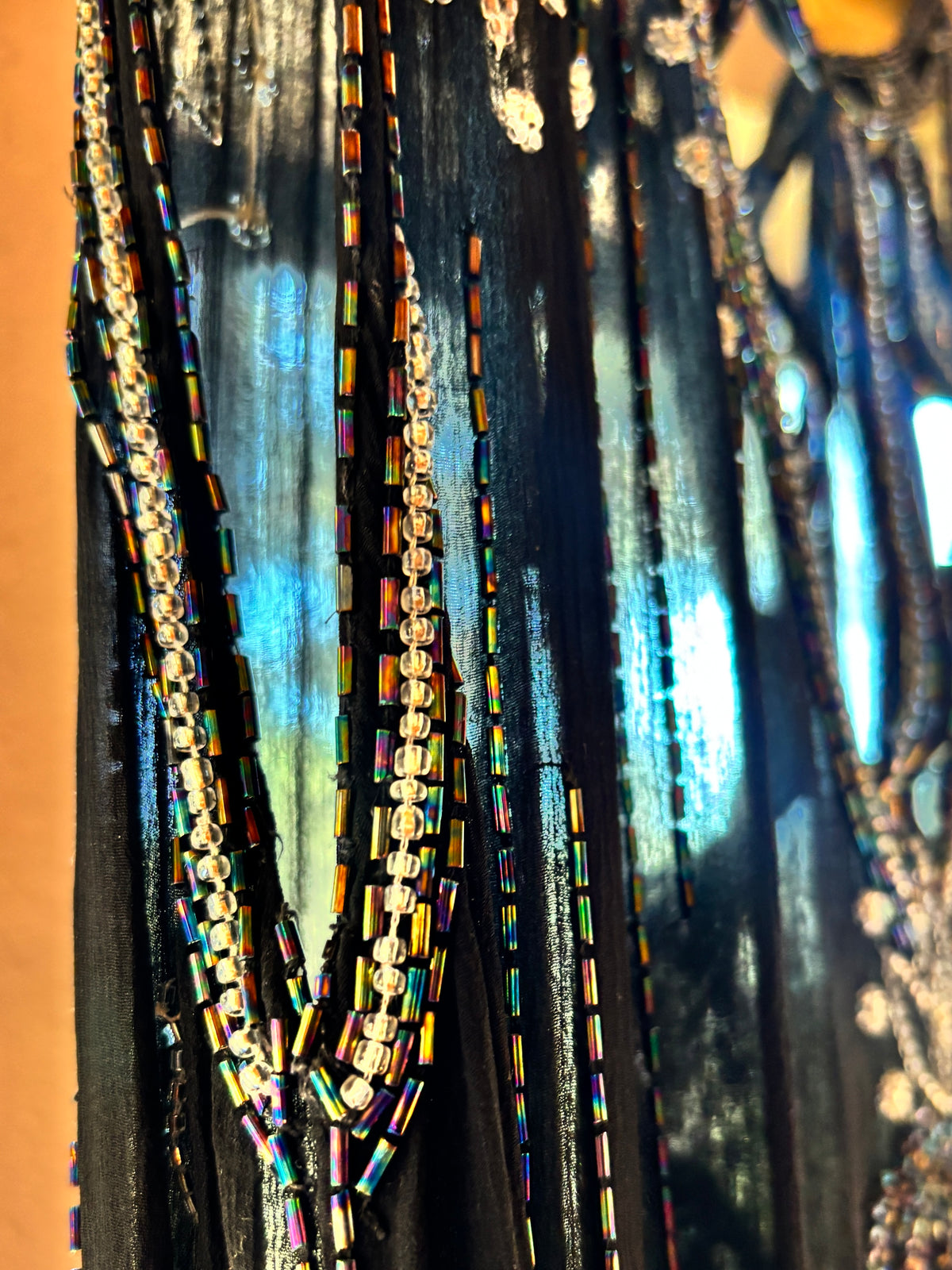 1920s French iridescent beaded black silk chiffon cutout flapper dress