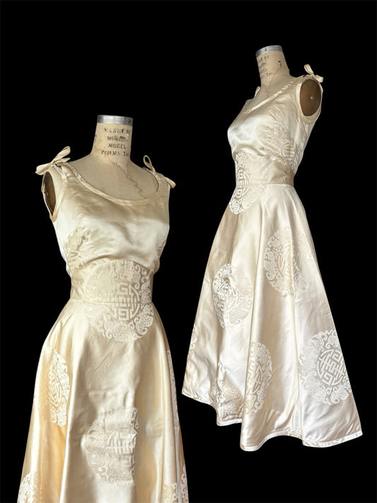 1950s Gibson Bayh for Gump’s two-piece silk jacquard “new look” Chinoiserie evening ensemble