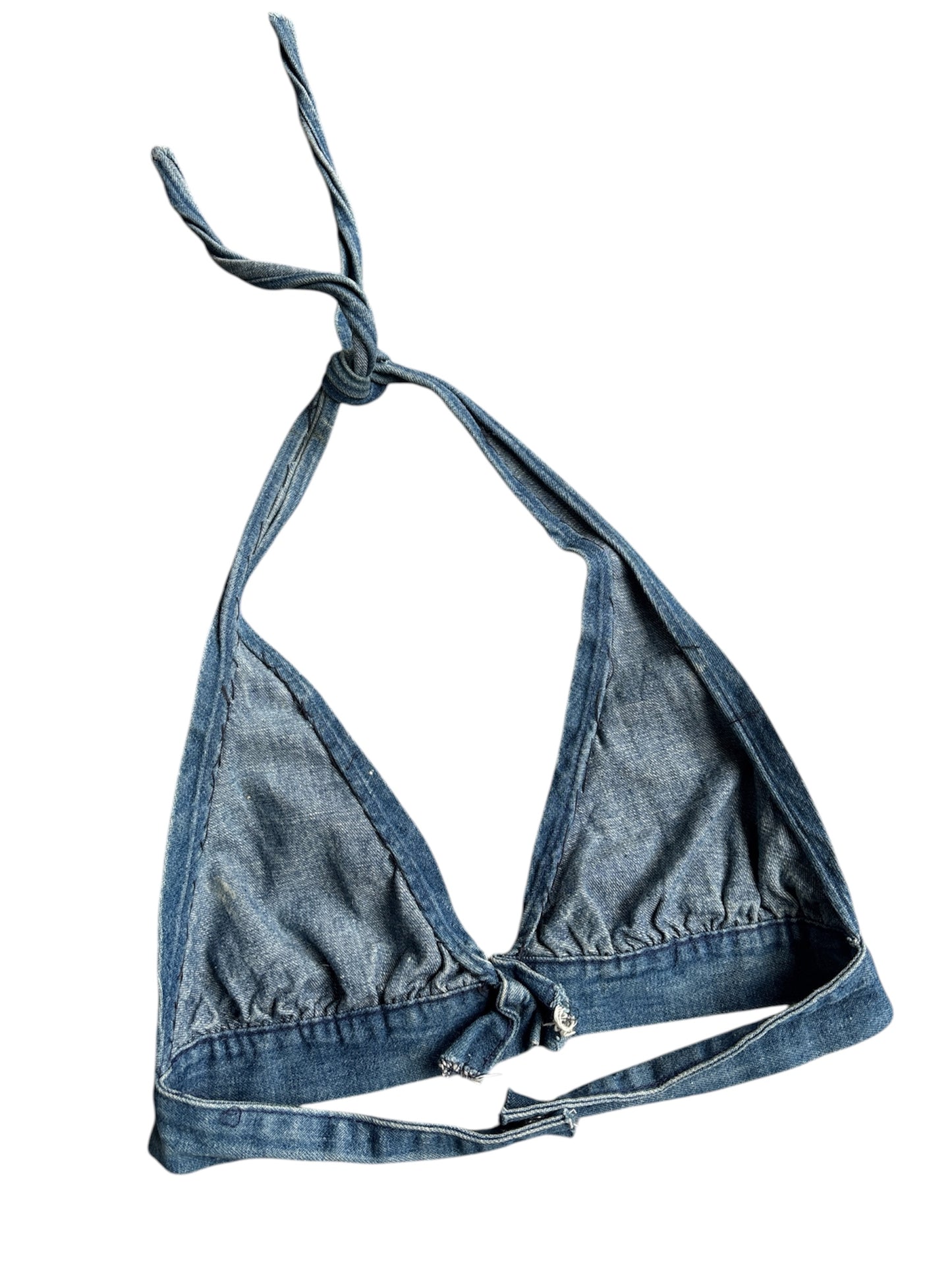 1970s hippie denim halter top made from jeans
