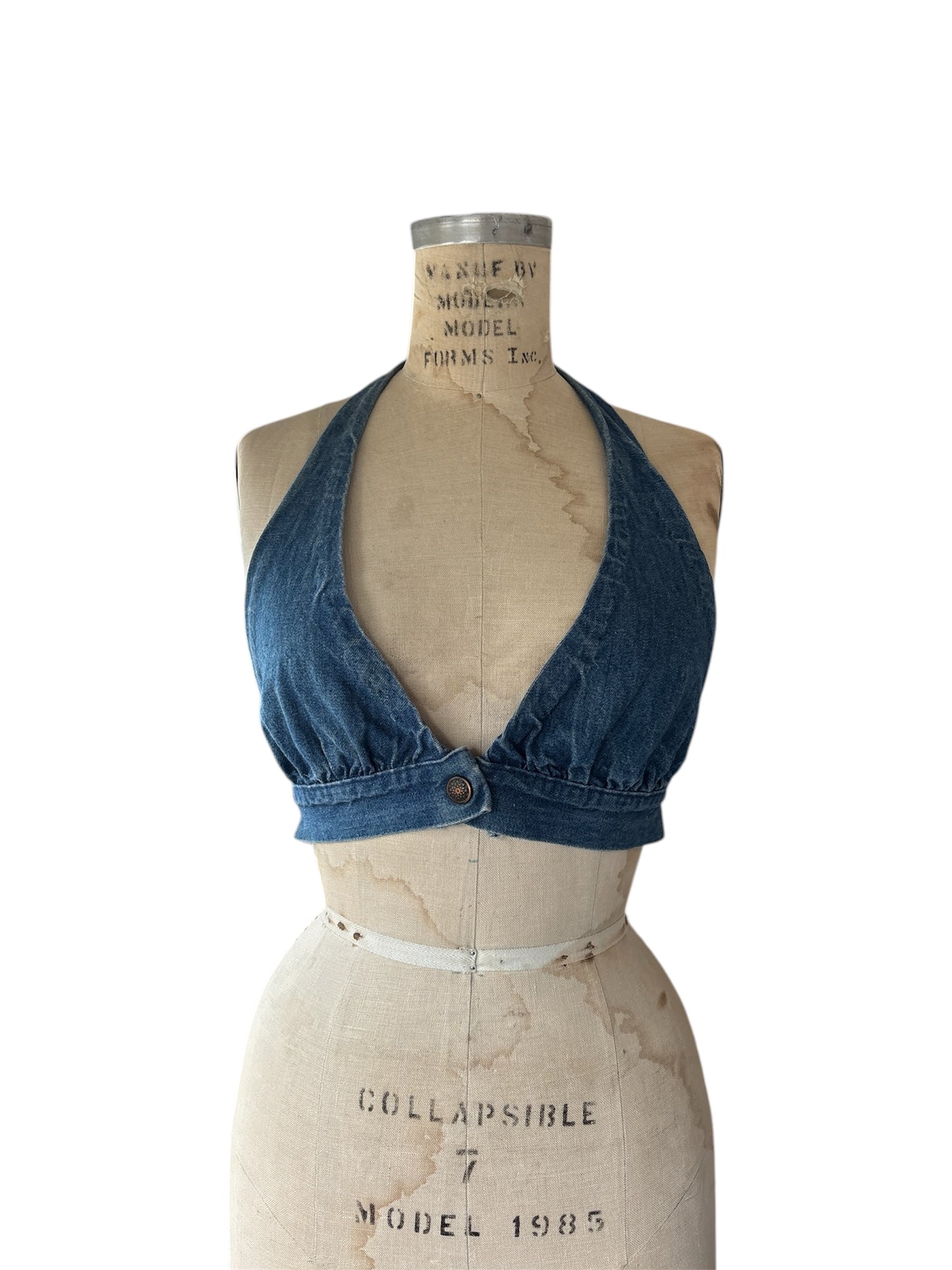 1970s hippie denim halter top made from jeans