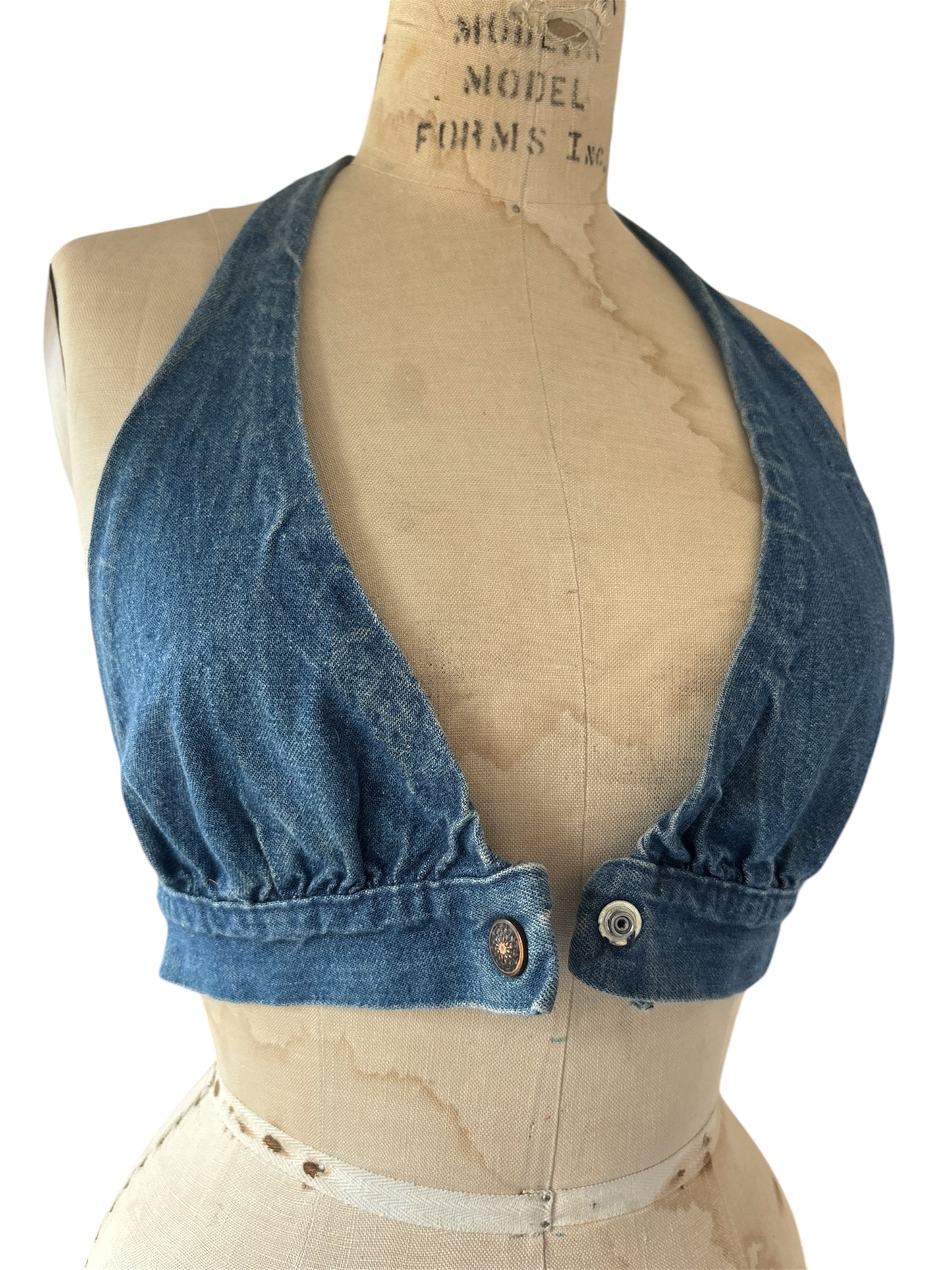 1970s hippie denim halter top made from jeans