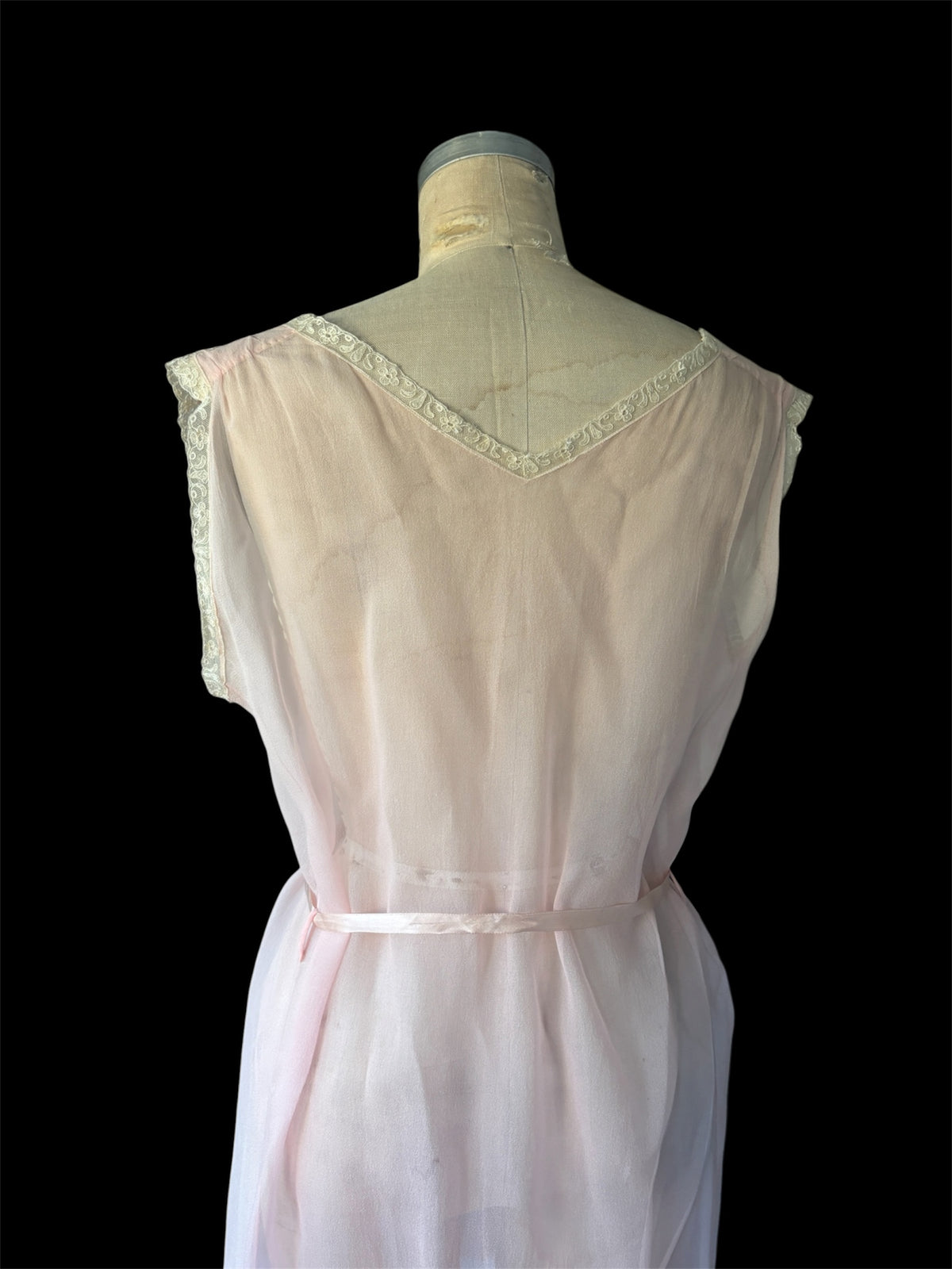 1920s silk chiffon slip with ribbonwork rosettes & lace