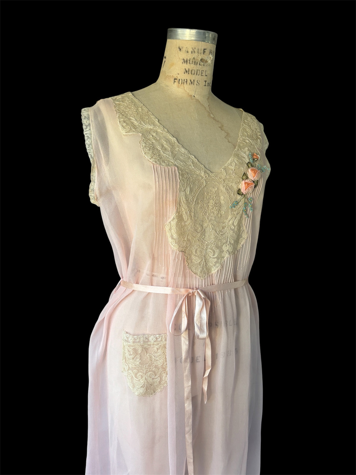 1920s silk chiffon slip with ribbonwork rosettes & lace