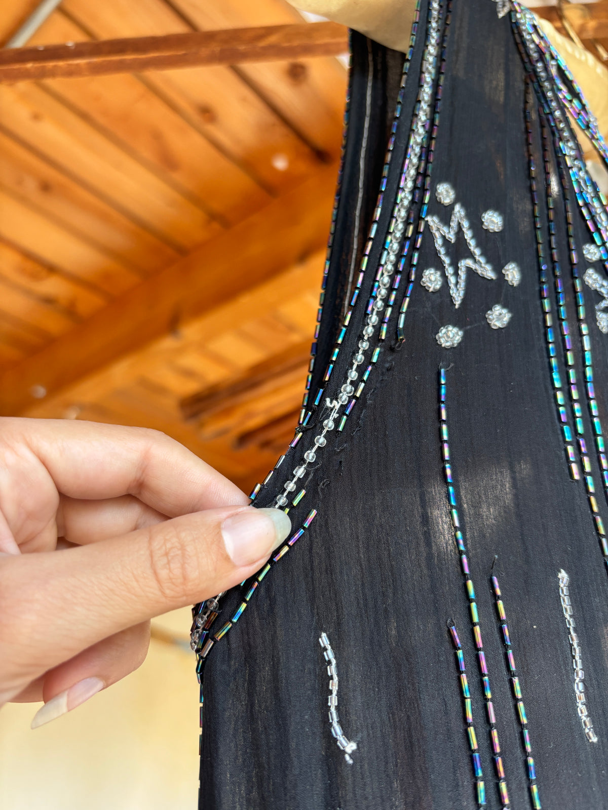 1920s French iridescent beaded black silk chiffon cutout flapper dress