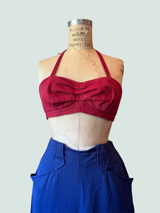 1940s red cotton twill sun top